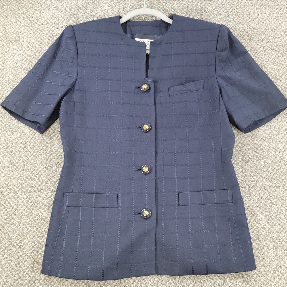 Le Suit Navy Blue Short Sleeve Blazer Jacket Career Grid Pattern Size 8